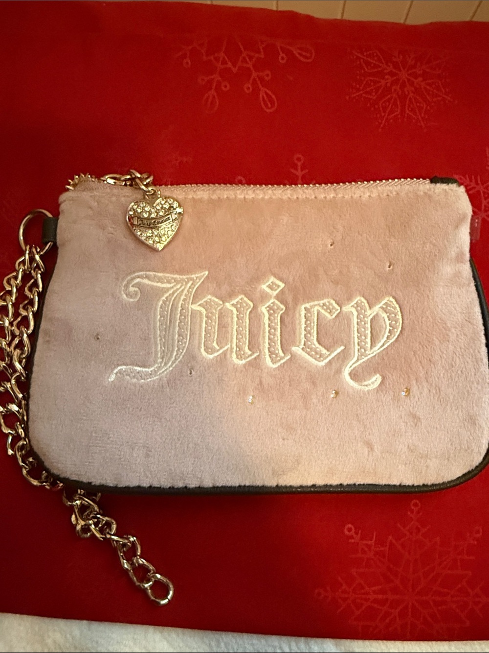 Juicy Couture Light Pink Plush Wristlet with Gold Chain & Heart Charm